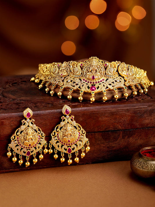Multicolor Studded Temple Choker Set Gold