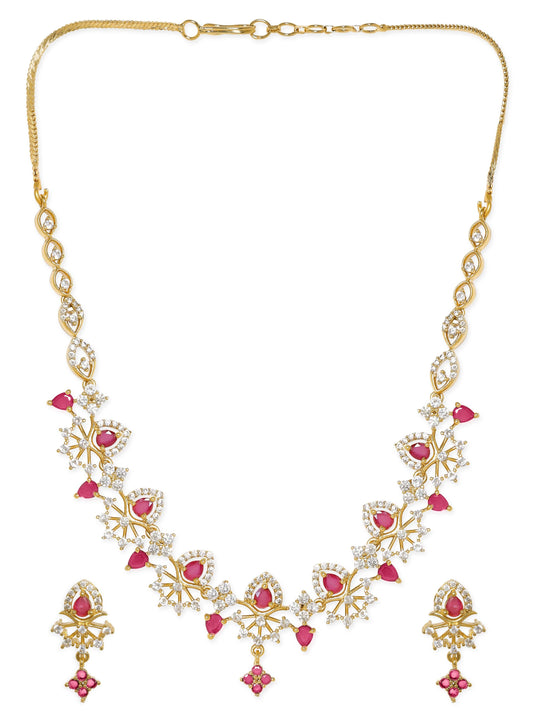 American Diamond Zirconia Ruby Studded Necklace Set フリーサイズ