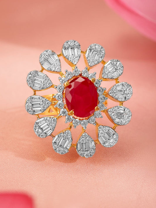 American Diamond Zirconia Pink Floral Ring Pink