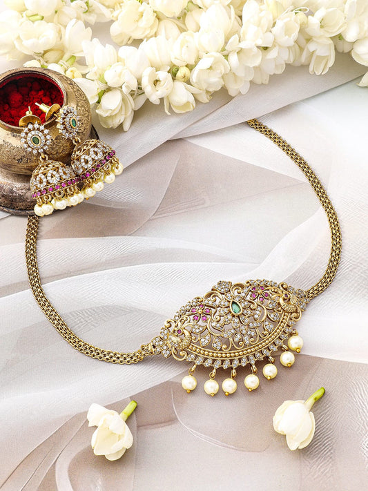 American Diamond Zirconia Necklace With Pearl Drops Gold