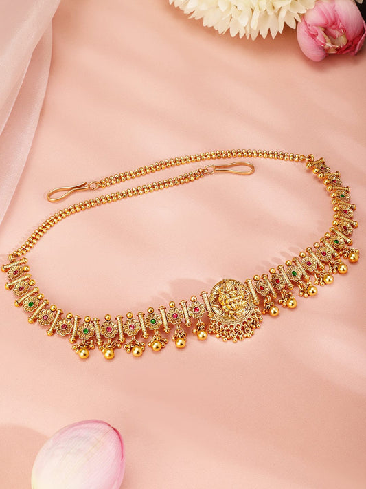 Rubans 22k Gold-Plated Ruby Pink, Emerald Green Stone Studed Handcrafted Temple Kamarbandh Pink & Green