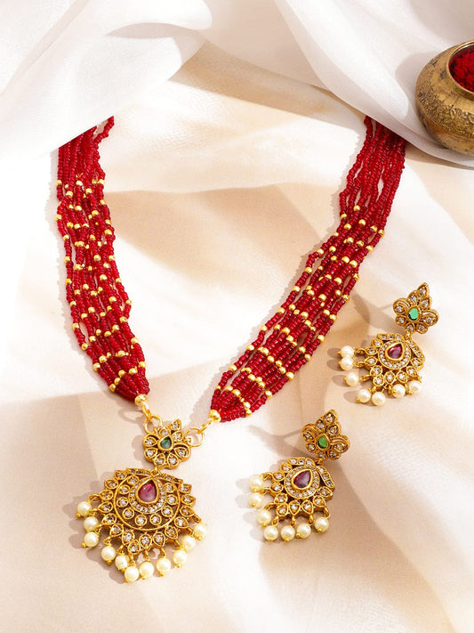 Red Multi-Strand Beaded Necklace Set フリーサイズ