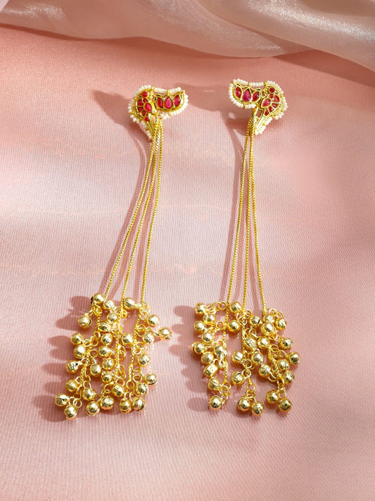 Long Gold Beaded Red Kashmiri Dangler Earrings フリーサイズ