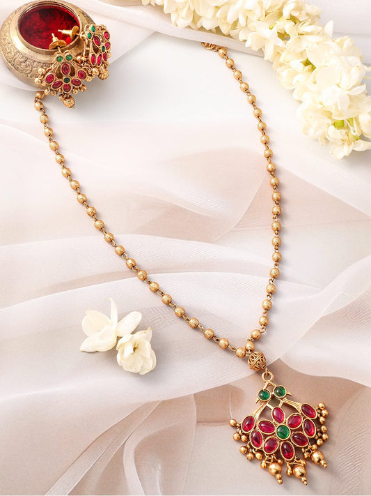 Red & Green Floral Studded Necklace Set Gold