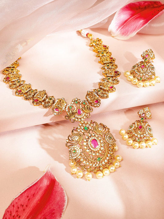 American Diamond Zirconia Necklace Set With Pearl Drops フリーサイズ