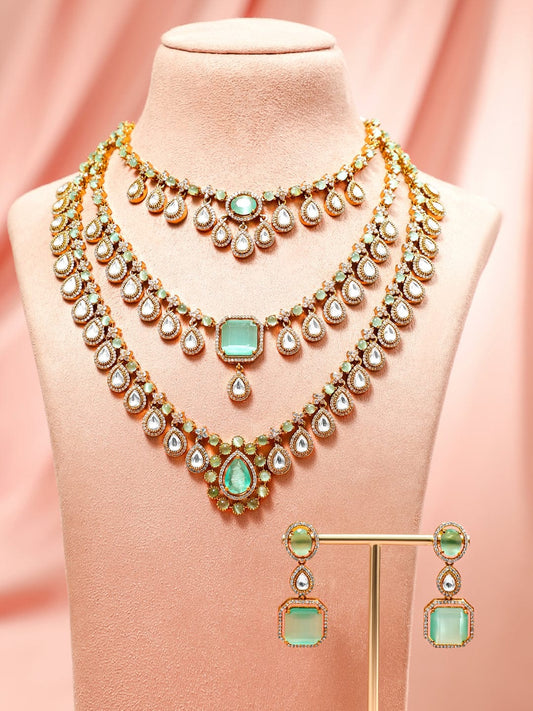Gleaming Blue Multilayer Kundan Necklace Set Pastel Green