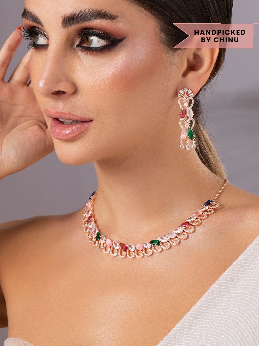 【Rubans】 24K Rose Gold Plated American Diamond and Multicolour Stone Studded Necklace Set|24K ローズゴールドメッキ アメリカンダイヤモンド&マルチカラーストーン ネックレスセット
