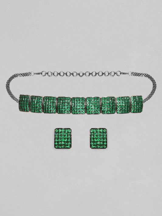 【Rubans】 Antique Gold Plated Emerald Green Pave Studded Choker Set|アンティークゴールドメッキ エメラルドグリーン パヴェ チョーカーセット