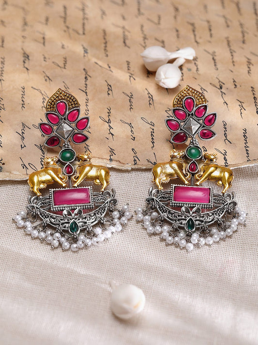 Designer Edge Cow Motif Multicolour Earrings Gold