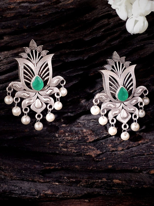 Boho Bloom Green Oxidised Earrings Silver::Green