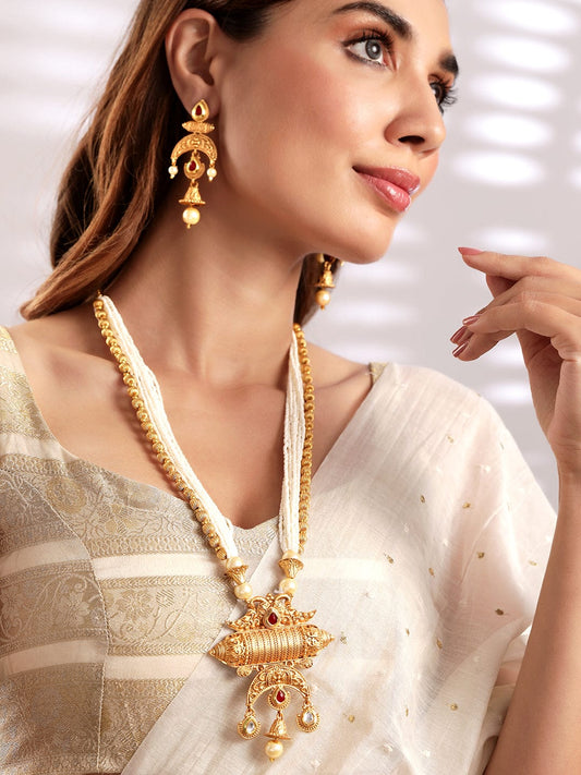 Rubans 18K Gold-Plated Red & White Stones Pearl Beads Multi-Starnd Temple Jewellery Set Gold