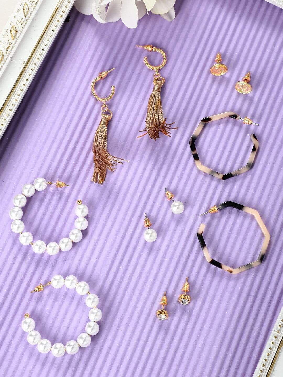 【Rubans】 Gold Plated Handcrafted Set of 6 Earrings|ゴールドメッキ ハンドクラフト イヤリング 6組セット(ゴールド・パール・ストーン・フープ・タッセル)