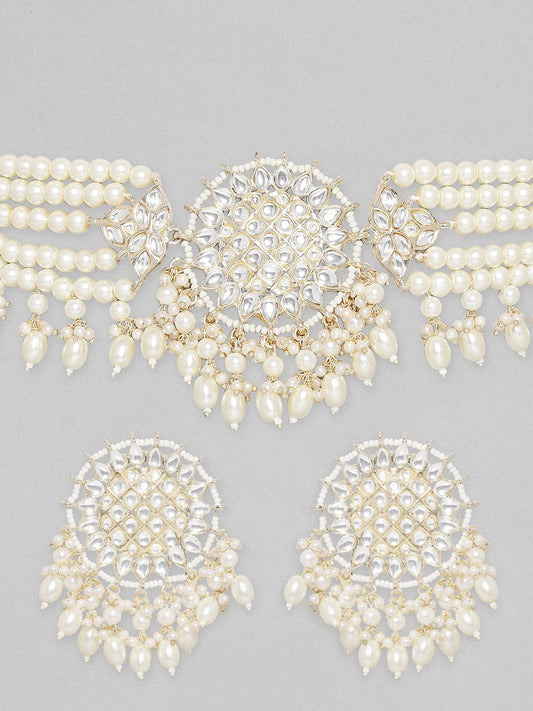 Rubans Gold Toned Kundan Studded Choker Set With Pearl Hangings. Gold::White