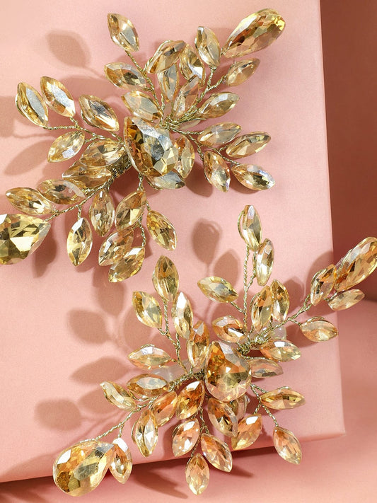 Golden Crystal Leaf Side Hair Pin - Set of 2 フリーサイズ