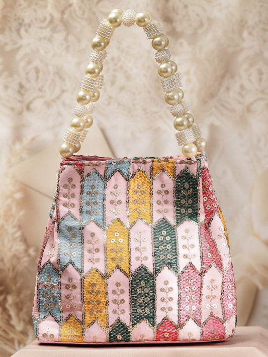 Rubans Multicolour Embroidered Potli Bag with Pearl Beaded Handle on Light Pink Base フリーサイズ