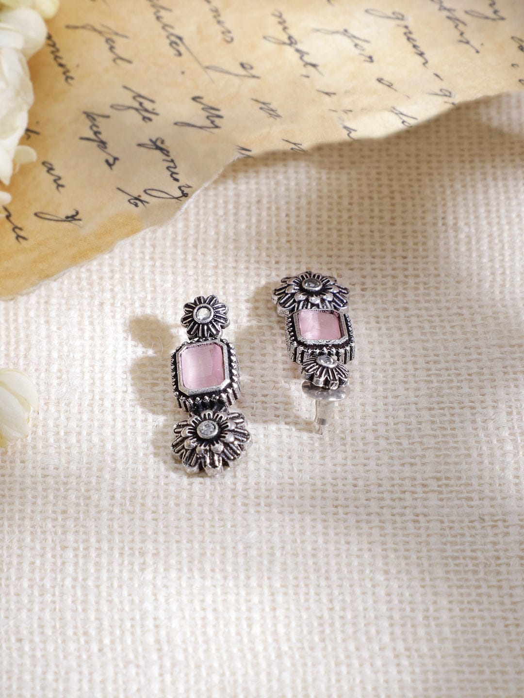 Pink & Blue Oxidized Floral Necklace Set Silver