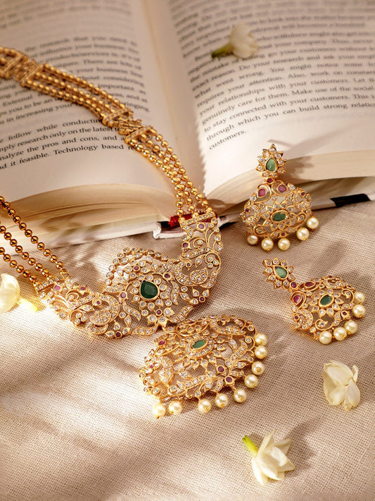 Traditional Grace Red Green American Diamond Zirconia Necklace Set Gold