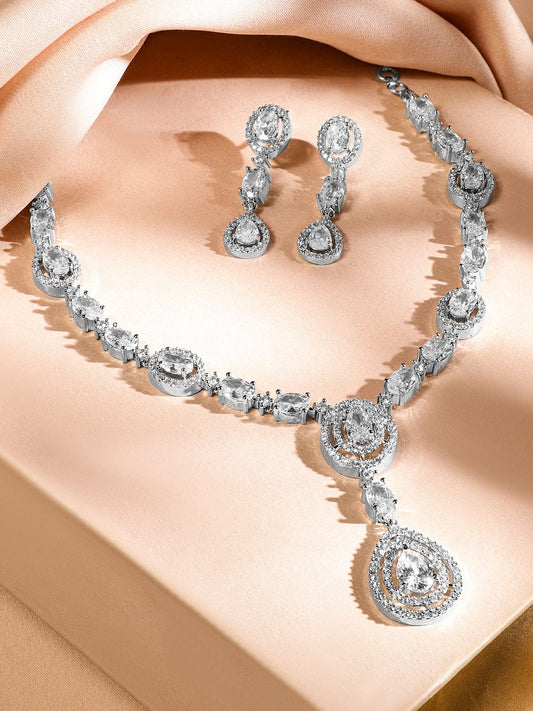 Teardrop Studded Necklace Set in American Diamond Zirconia フリーサイズ