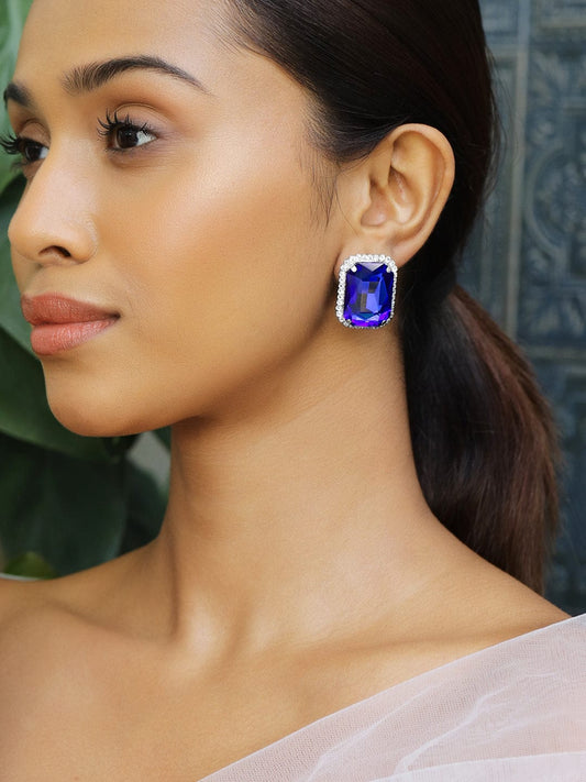 【Rubans】 Rhodium Plated Blue Crystal Halo Stud Earrings|ロジウムメッキ ブルークリスタル ヘイロー スタッドイヤリング