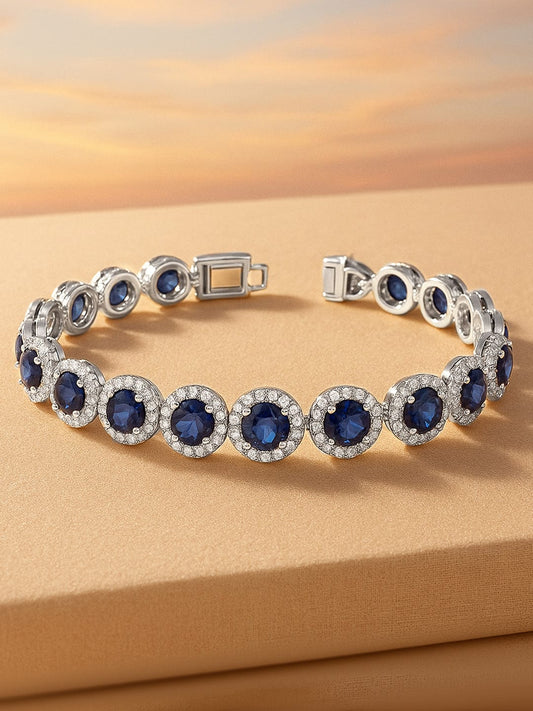 Rubans Rhodium-Plated Blue Sapphire & Cubic Zirconia Studded Tennis Bracelet Blue