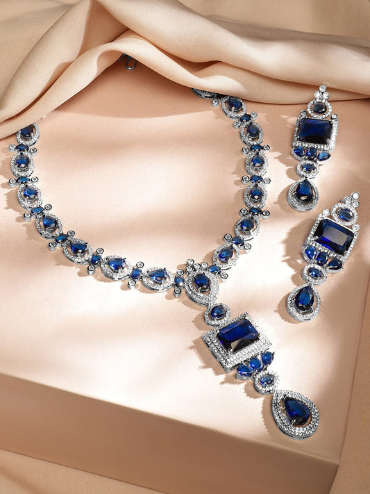 Blue Studded Necklace Set with American Diamond Zirconia Blue