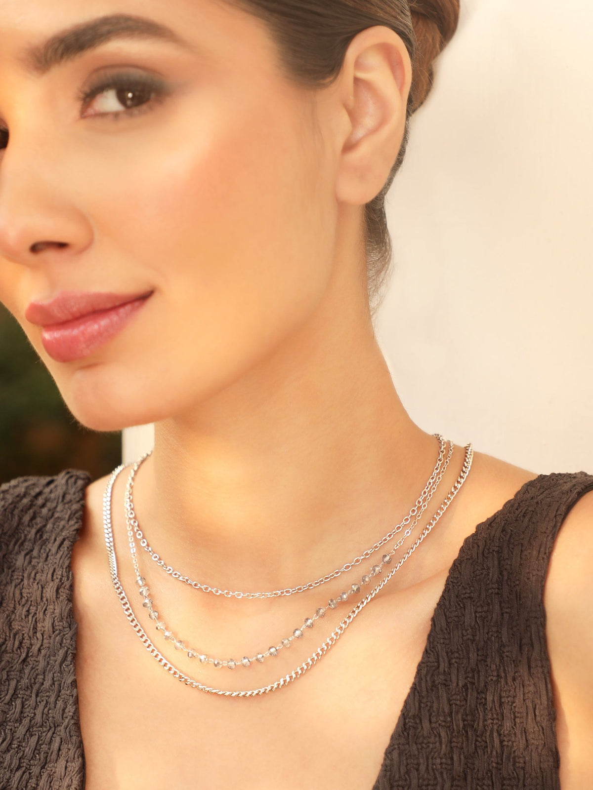【Rubans】 Rhodium-Plated Crystal Beaded & Chain-Link Multi-Layered Necklace|ロジウムメッキ マルチカラー クリスタルビーズ&チェーンリンク マルチレイヤー ネックレス