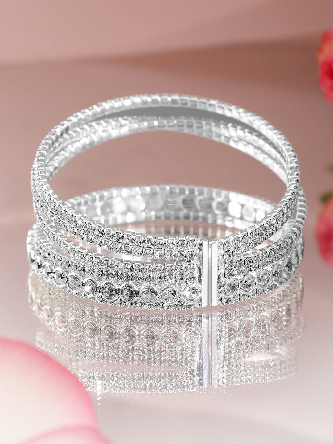 【Rubans】 Rhodium-Plated Crystals Stone Studded Cuff Bracelet|ロジウムメッキ クリスタル カフブレスレット|フリーサイズ
