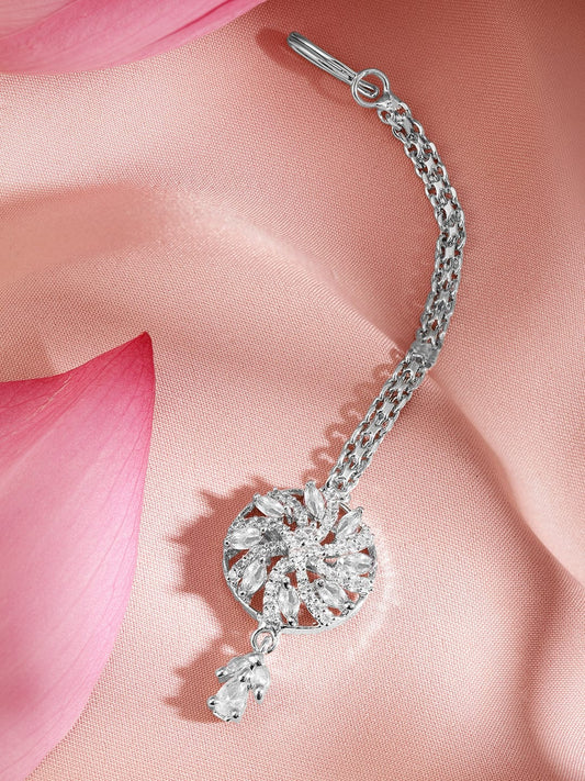 Rubans Rhodium-Plated Cubic Zirconia Maang Tikka Silver