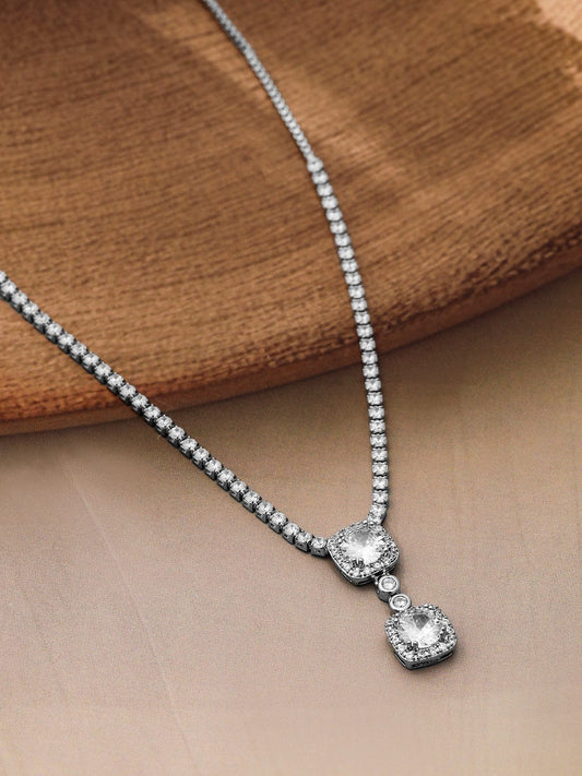 Elegant American Diamond Zirconia Studded Pendant Necklace Silver