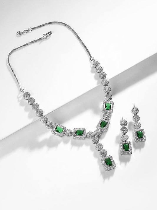 American Diamond Zirconia Emerald Cut Necklace Set Green