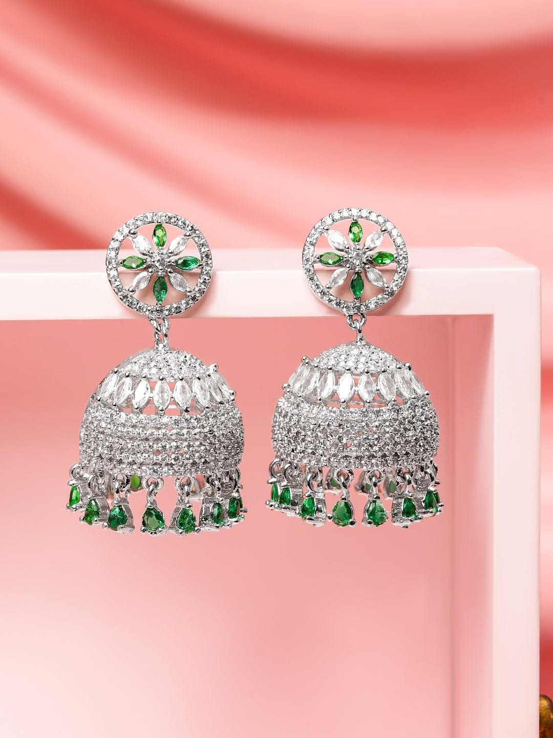 Festive Glow Green American Diamond Zirconia Jhumka フリーサイズ
