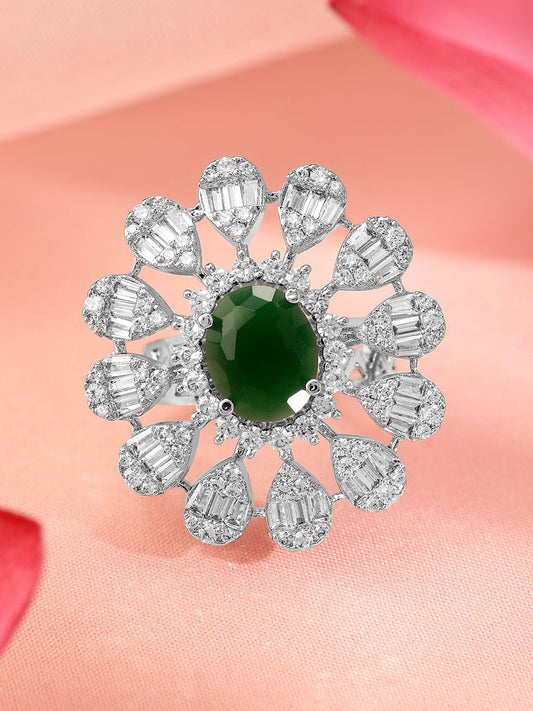 American Diamond Zirconia Green Floral Ring Green
