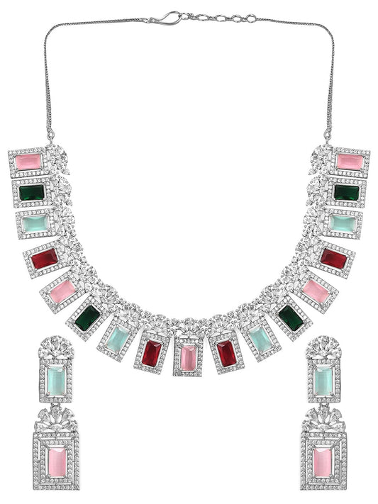 Multicolor Studded American Diamond Zirconia Necklace Set Silver