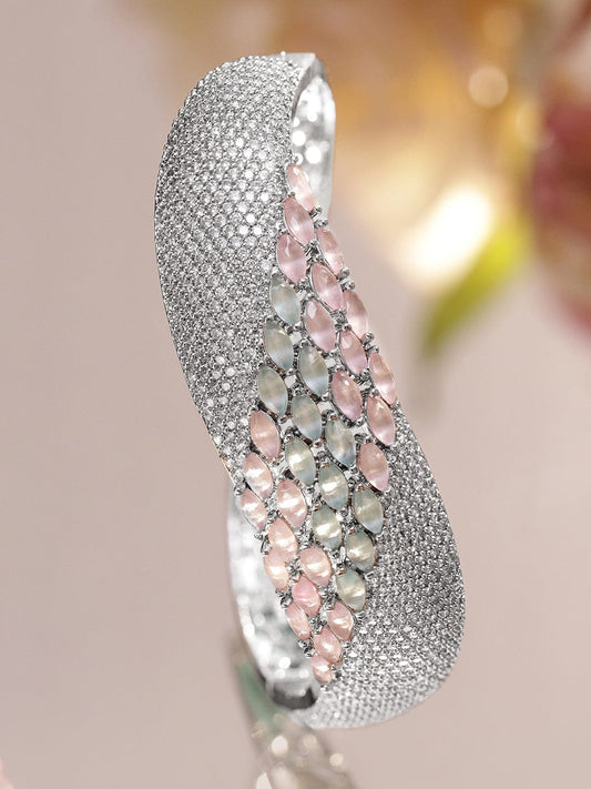 Pink & Green Studded American Diamond Silver Bracelet フリーサイズ