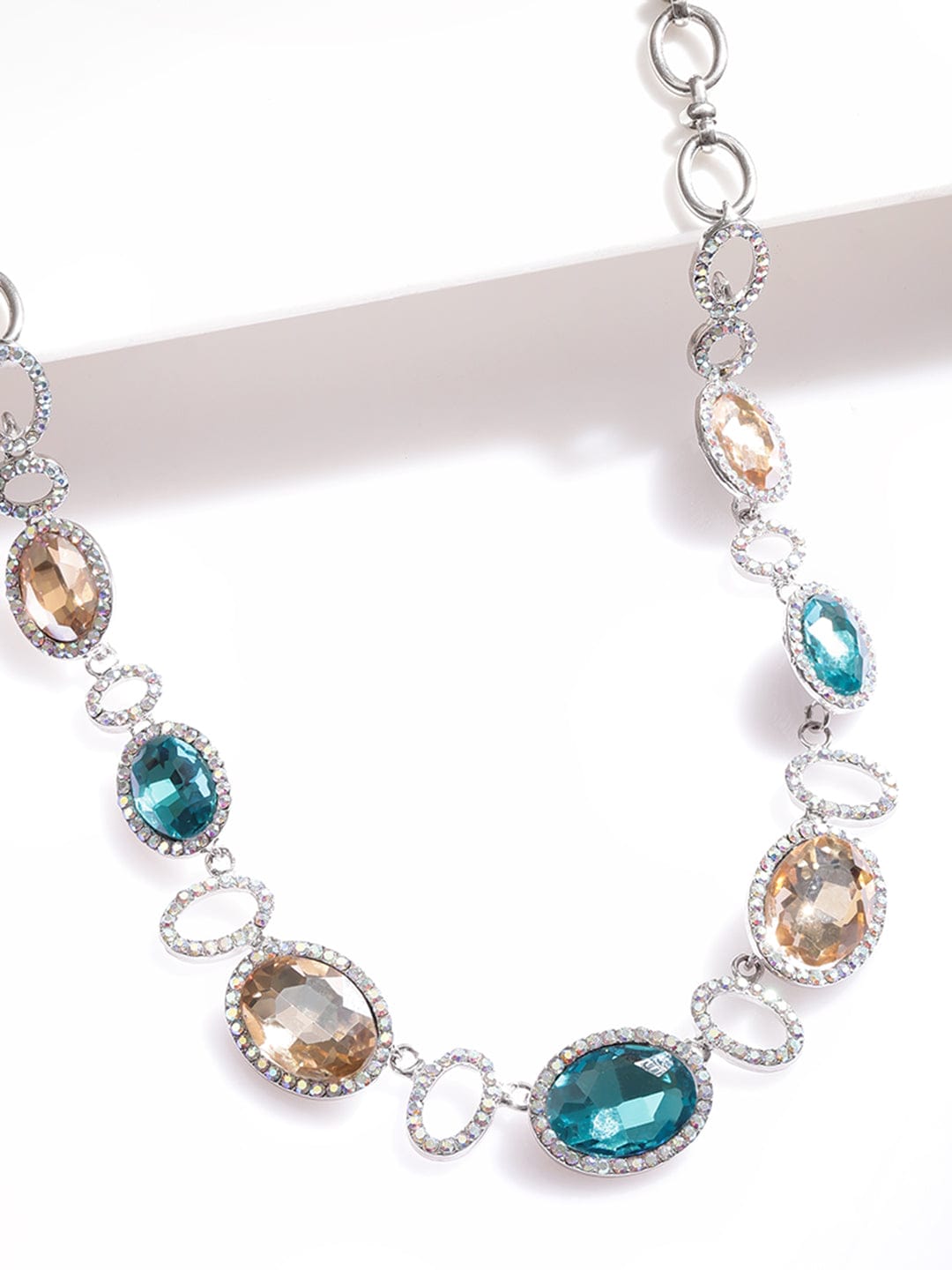【Rubans】 Rhodium Plated Teal Blue & Light Brown American Diamond Zirconia Statement Necklace|ロジウムメッキ ティールブルー&ライトブラウン ジルコニア ステートメント ネックレス