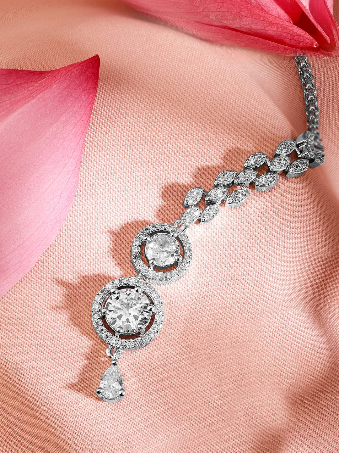 Rubans Rhodium Plated White Cubic Zirconia Maang Tikka Silver