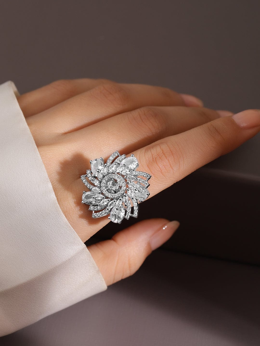 American Diamond Zirconia Floral Ring Silver
