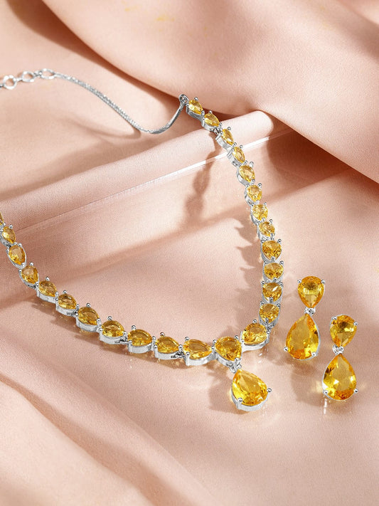 Yellow Studded American Diamond Zirconia Necklace Set Silver
