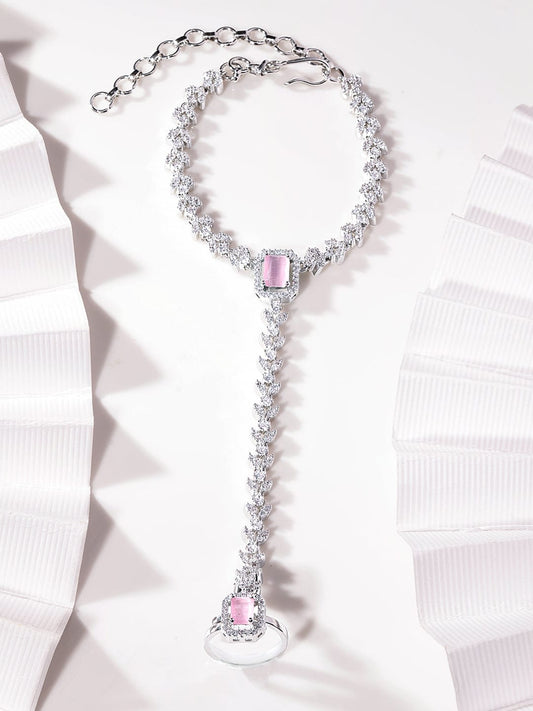 Rubans Rhodium Plated Zirconia Studded Fashionable Hath Phool Silver::Pink