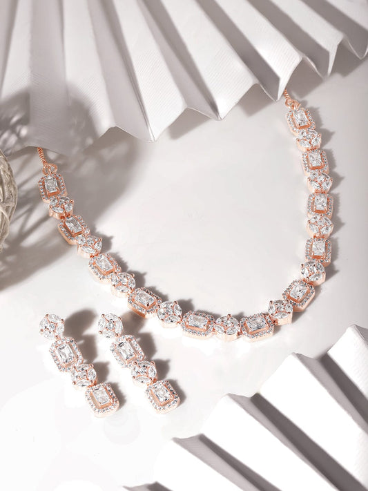 American Diamond Zirconia Rose Gold Necklace Set Rose Gold