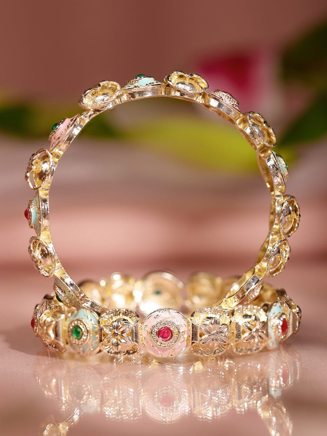 Rubans Set of 2 18K Gold-Plated Multicolor Enamel & Stone-Studded Floral Design Bangles 45749
