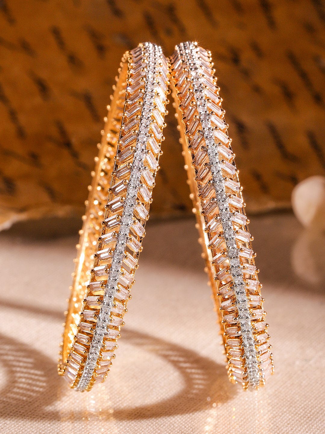 Rubans Set of 2 22K Gold-Plated Dual-Tone Cubic Zirconia Studded Handcrafted Premium Bangles 2.4 - Small