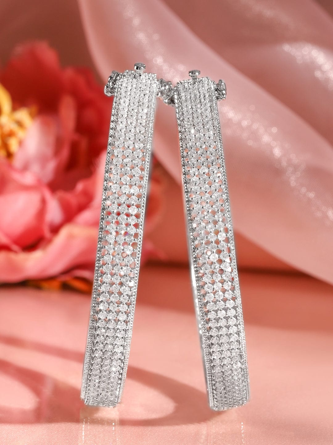 Rubans Set of 2 Rhodium-Plated AAA Cubic Zirconia Studded Handcrafted Openable Bangles 2.8 - Large