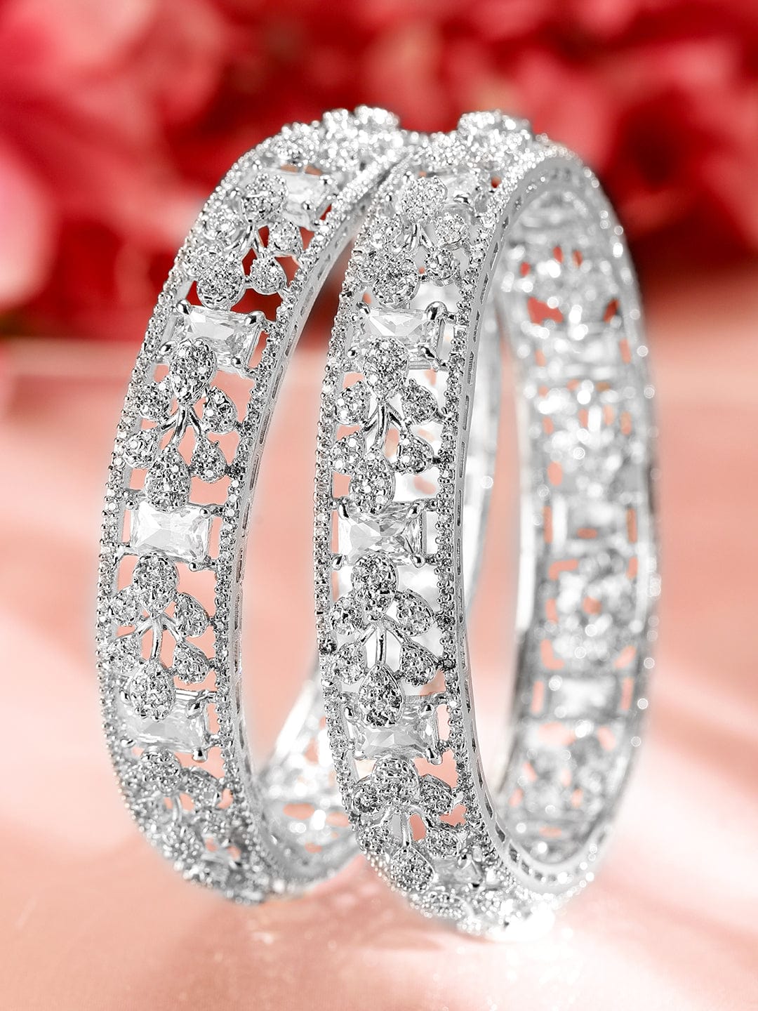 Rubans Set of 2, Rhodium-Plated Cubic Zirconia Studded Premium Handcrafted Bangles 45810