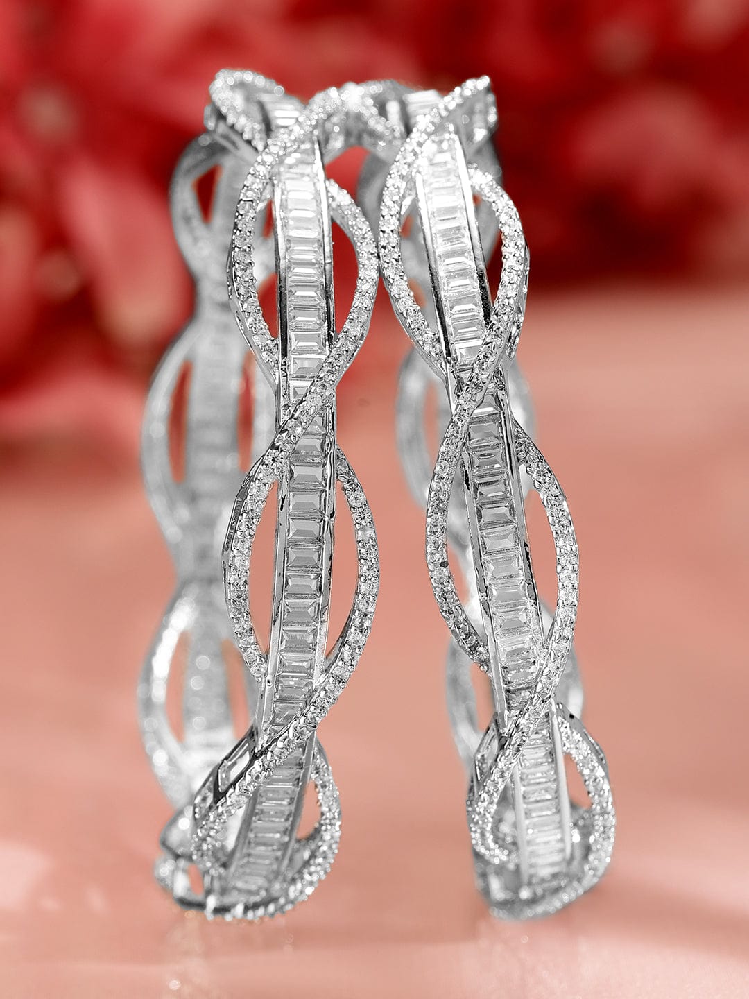 Rubans Set of 2 Rhodium-Plated Cubic Zirconia Studded Twisted Design Premium Bangles 2.6 - Medium
