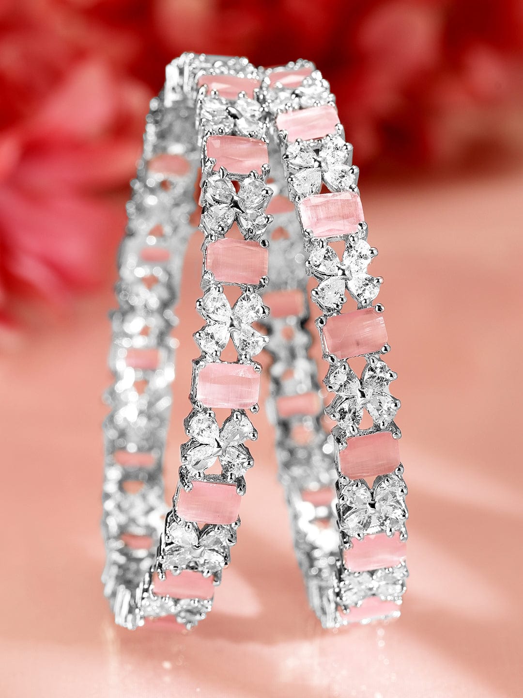 【Rubans】 Set of 2 Rhodium-Plated Pastel Pink & White Cubic Zirconia Studded Bangles|ロジウムメッキ パステルピンク&ホワイト ジルコニア バングル 2本セット|2.8 - Large