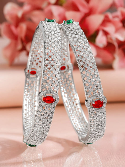 Rubans Set of 2 Rhodium-Plated Ruby Emerald and Cubic Zirconia Studded Premium Bangles 2.6 - Medium