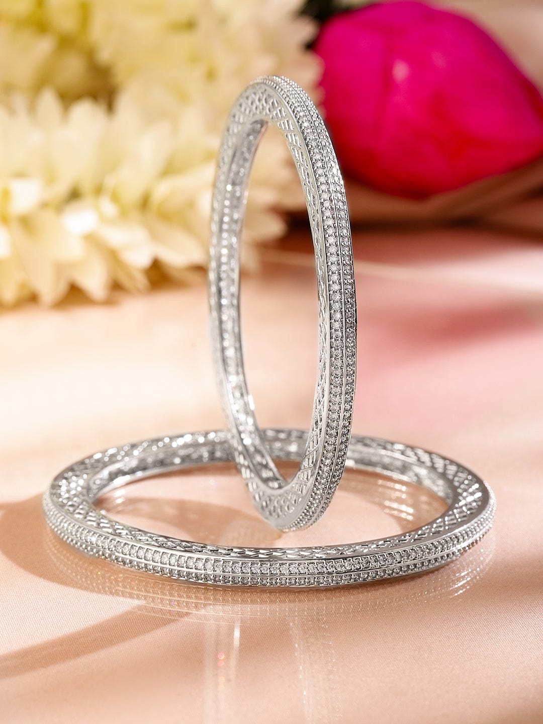 Rubans Set of 2 Rhodium-Plated White Cubic Zirconia Studded Classic Premium Bangles for Women 2.8 - Large