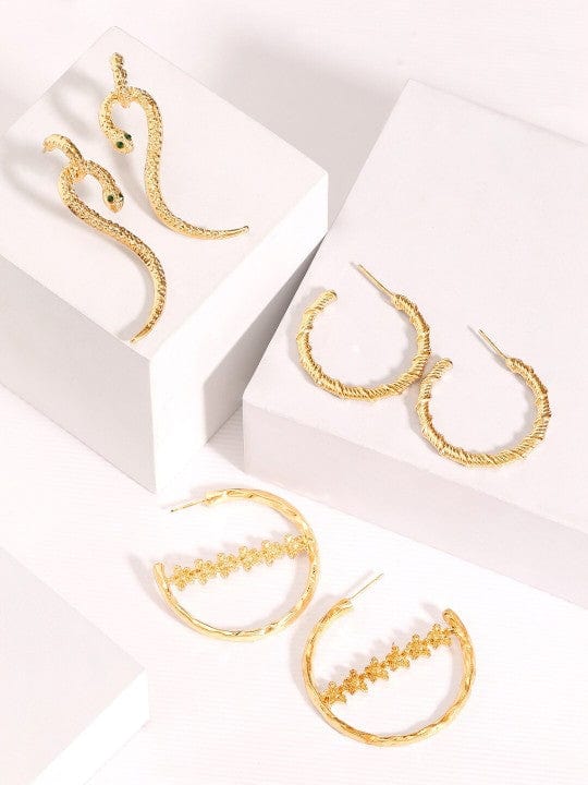 【Rubans】 Set of 3 18K Gold-Plated Textured Hoop Earrings with Snake Drop Design|18K ゴールドメッキ テクスチャード フープ&スネークドロップ イヤリング 3組セット