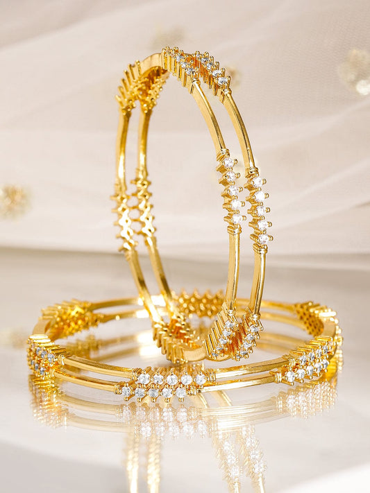 Rubans Set of 4, 22K Gold-Plated & White Cubic Zirconia Stone Studded Handcrafted Classic Bangles 2.8 - Large